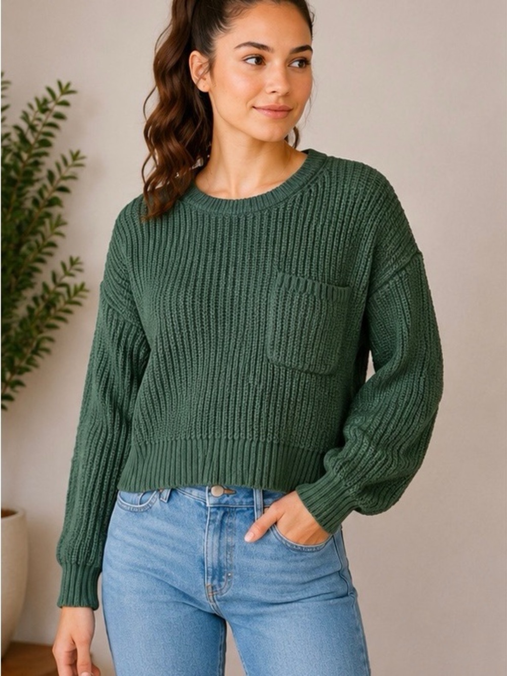 GAP Forest Green Ribbed Crewneck Sweater with Pocket